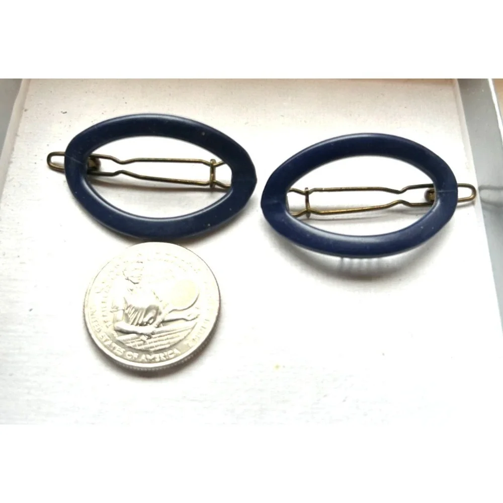 Vintage France Navy Oval Hair Clips Matching Pair 1970s Mod Open Barrette Set